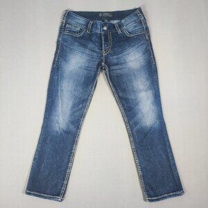 Silver Jeans Suki Capri women's size W30 ink blue factory distressed embroidered